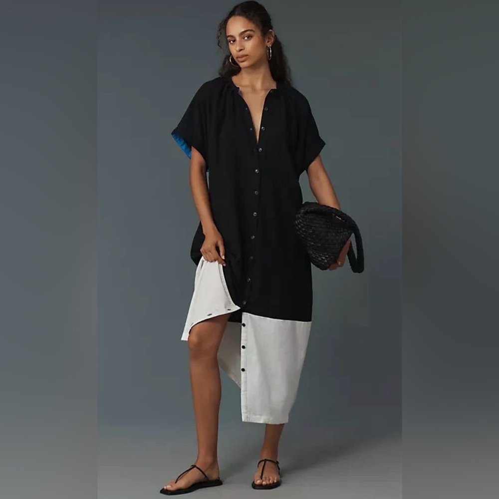 ANTHROPOLOGIE Short-Sleeve Collared Linen Maxi Shirt Dress Colorblock W&B XS